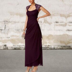 Xscape Deep Purple Stand-Collar Illusion Back Maxi Gown Size 12P